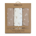 Organic Cotton 3pk Muslin Swaddle Wraps - Chestnut - Bubba Blue Australia