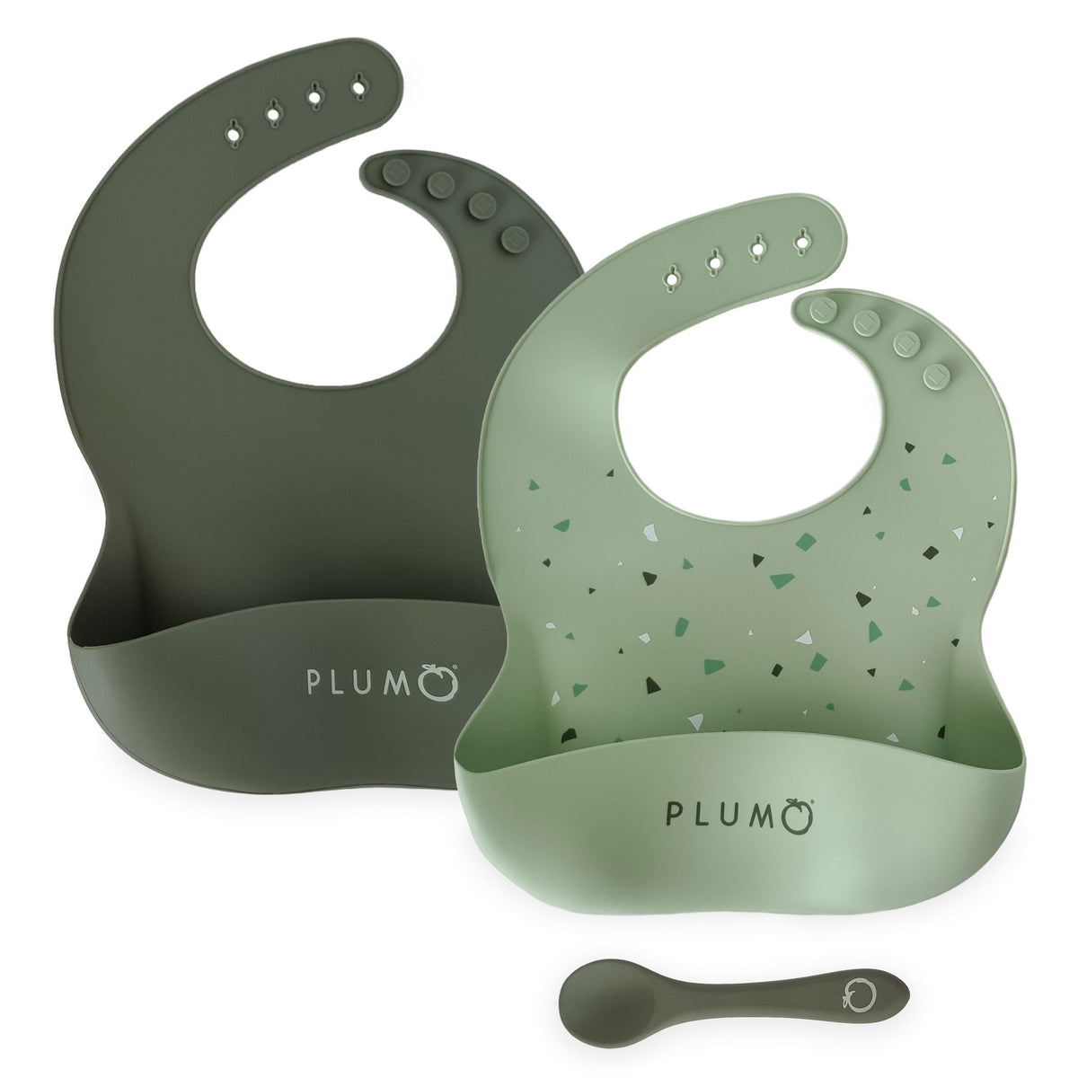 PLUM 3 Piece Silicone Bib and Spoon Set - Olive/Pesto - Bubba Blue Australia