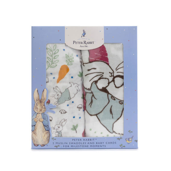Peter Rabbit 'New Adventure' 2PK Muslin Wraps & Milestone Cards Set - Blue